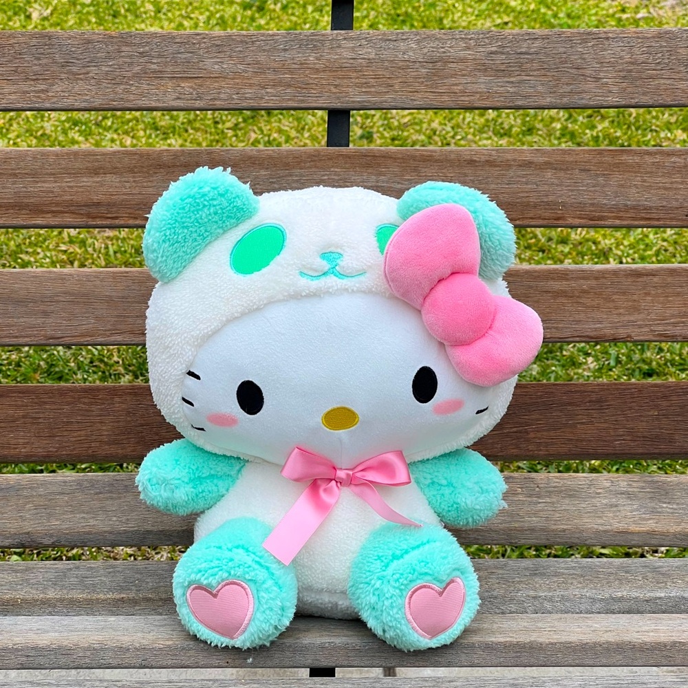 11” Sanrio Hello Kitty in Mint Panda Costume Plush with Pink Bow Tie NWT
